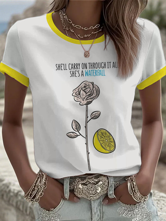 Women's  Lemon Roses Music Lover Printed short-sleeved T-shirt
