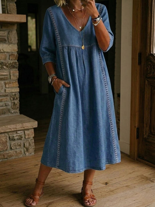 Women's Vintage-Style V-Neck Denim Dress with Pockets