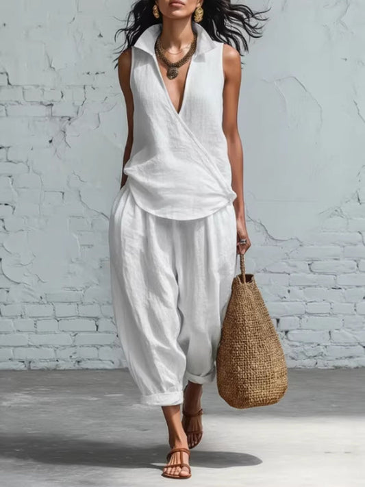Women's collared shirt and wide-leg trousers linen two-piece set
