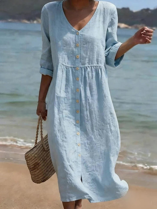 Women's Simple Solid Color Cotton Linen Cardigan Dress