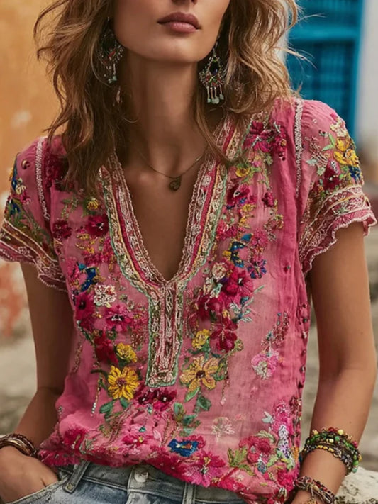 Women's Bohemian Floral Embroidery Patchwork Art V-neck Linen Blend T-shirt