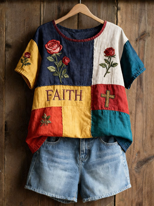 Women's Floral Cross Print Casual T-shirt