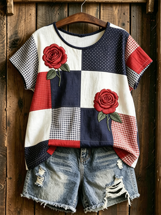 Women's Floral Print linen short-sleeved T-shirt
