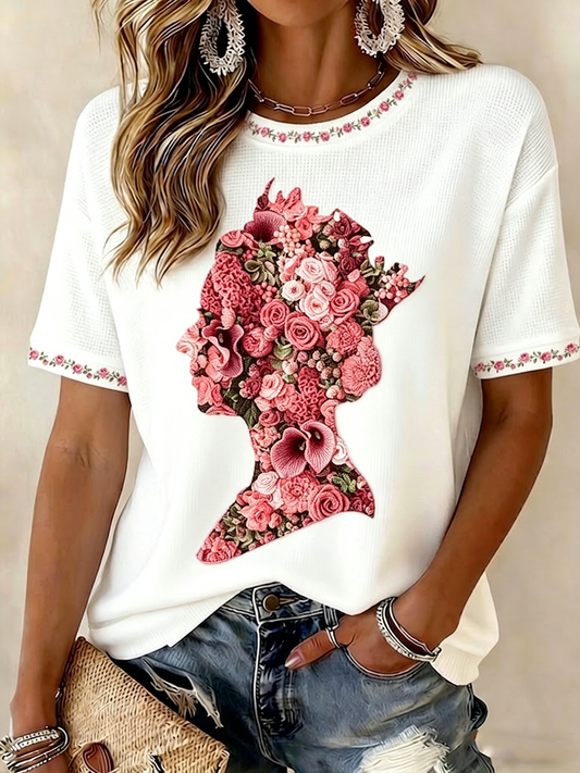 Women's Queen Flower Waffle Fabric Short-sleeved T-shirt
