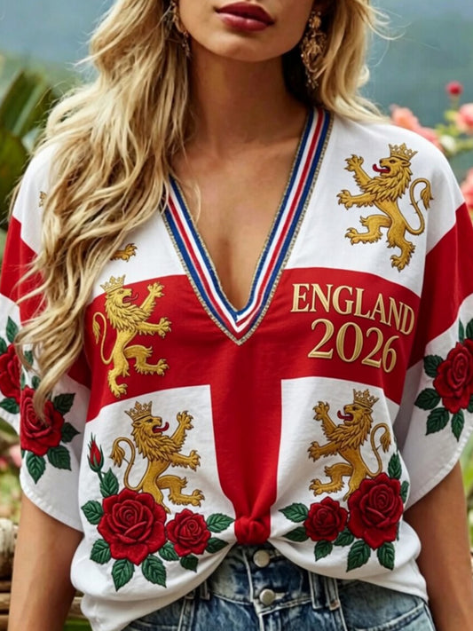 Retro Floral England Football Fan Art Print Casual Top
