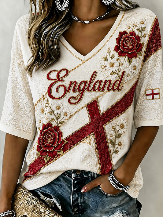 Women's England Football Pattern Linen V-Neck Shirt