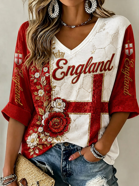 Women's England Football Pattern Linen V-Neck Shirt