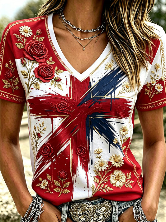 Women's  England Football Printed Casual V-neck T-shirt