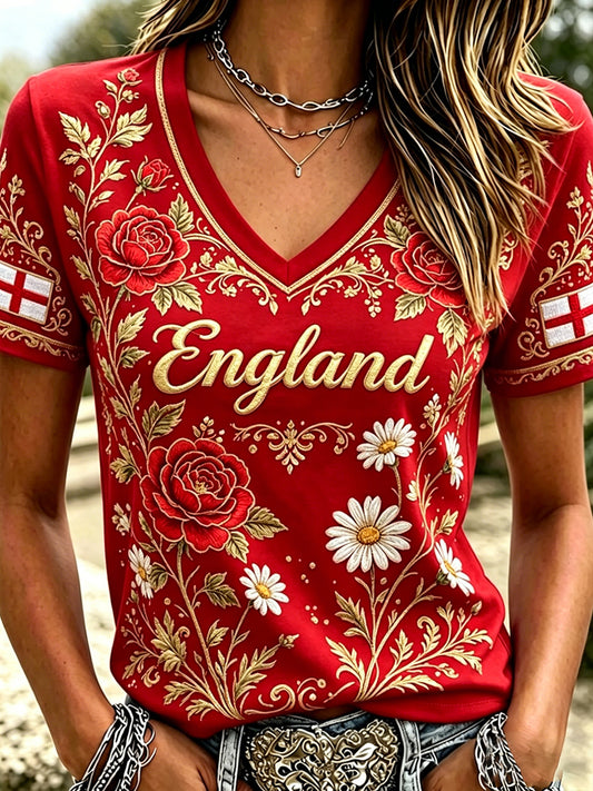 Women's  England Football Printed Casual V-neck T-shirt