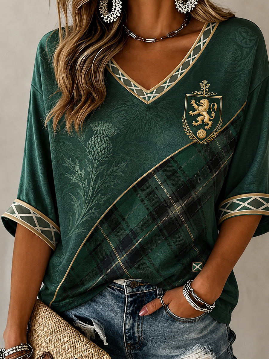 Women's Scottish Football Pattern Linen V-Neck Shirt