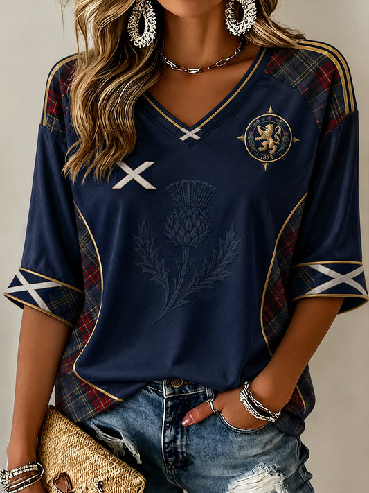 Women's Scottish Football Pattern Linen V-Neck Shirt