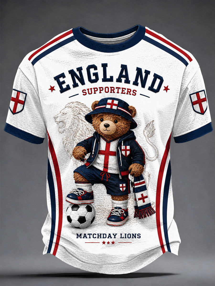 Retro British Bear Soccer Fan Art Print Casual T-Shirt