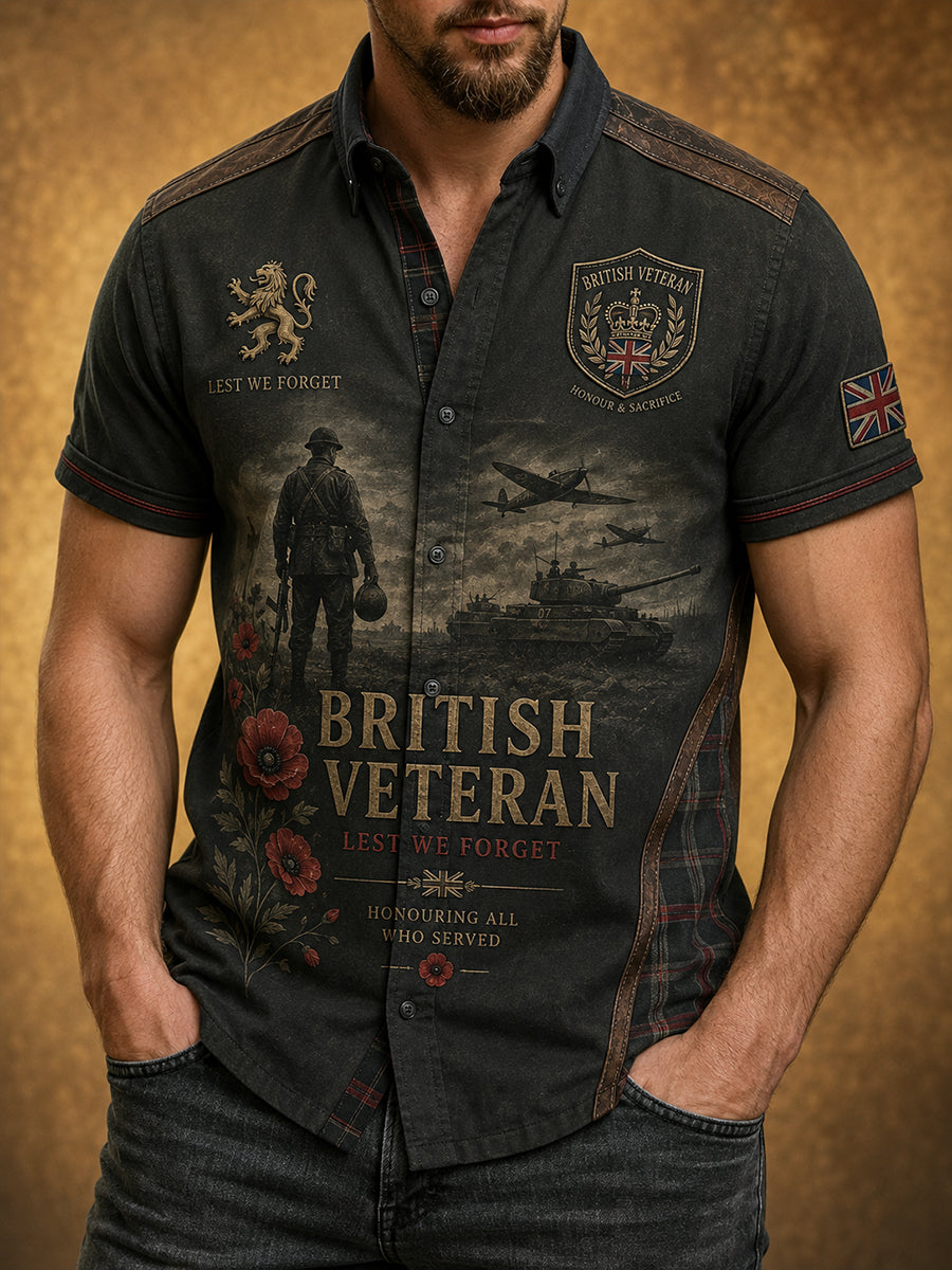 Men's Short-Sleeve Shirt With Vintage Veteran-Inspired Print