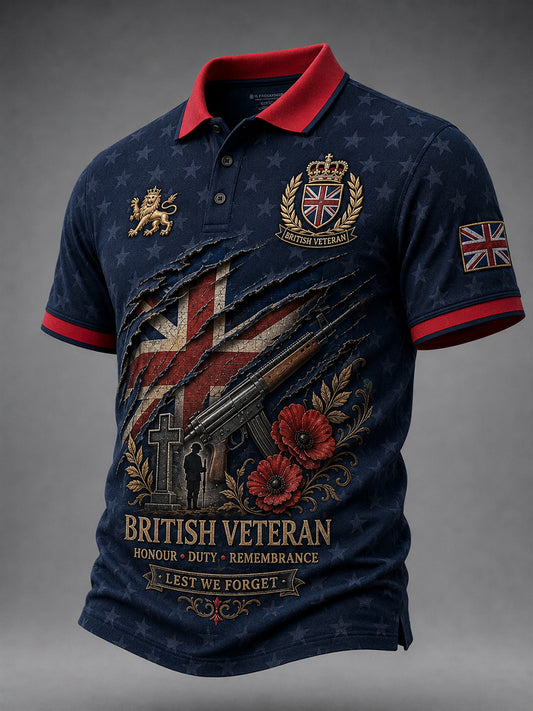 Men's Short-Sleeve Polo Shirt with Vintage Veteran-Inspired Print