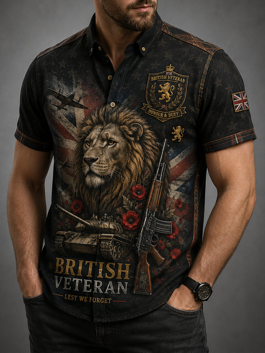 Men's Short-Sleeve Shirt With Vintage Veteran-Inspired Print