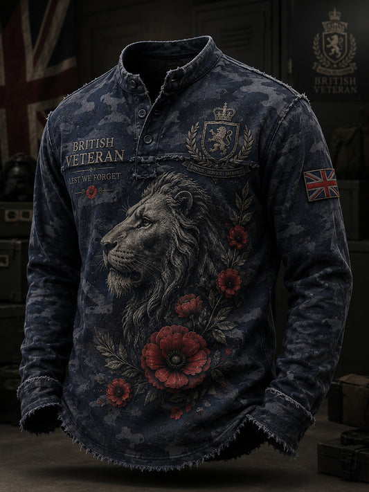 Men's Vintage-Style Long-Sleeve Top With Camouflage Print