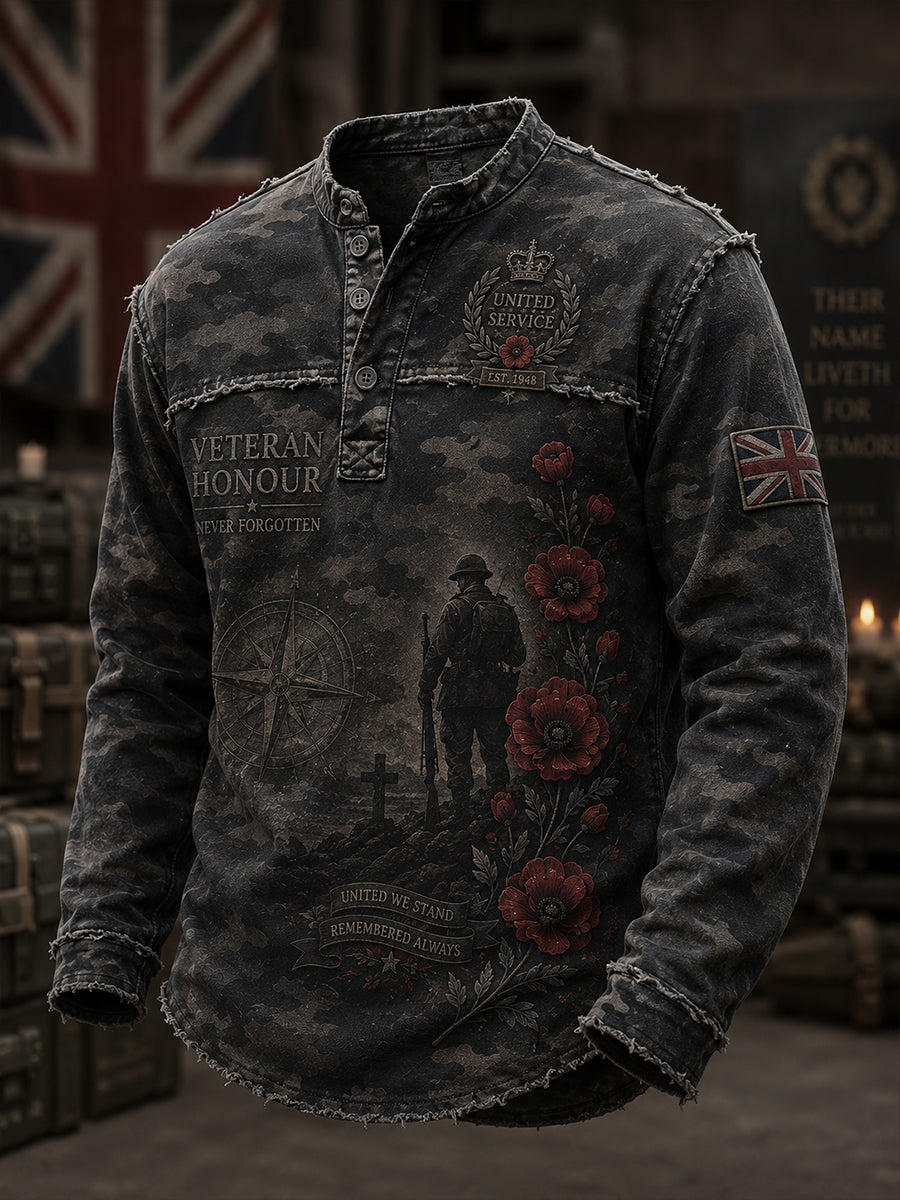 Men's Vintage-Style Long-Sleeve Top With Camouflage Print
