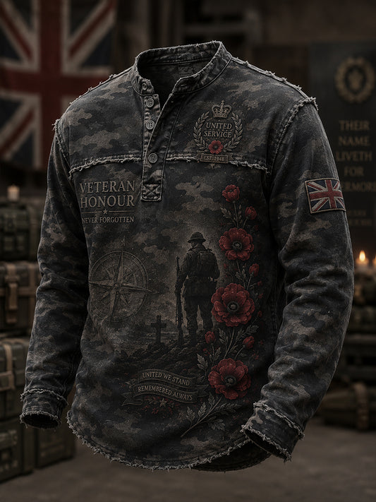 Men's Vintage-Style Long-Sleeve Top With Camouflage Print