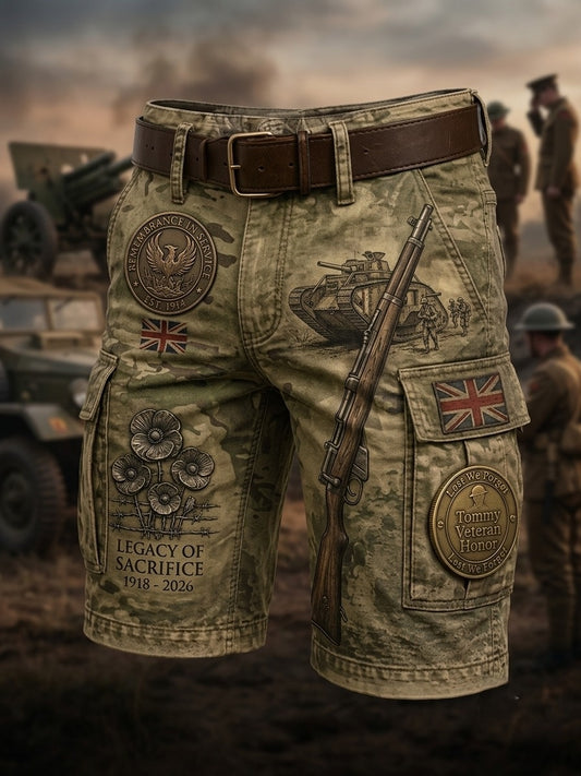 Men's Vintage Military-Style Print Cropped Cargo Pants
