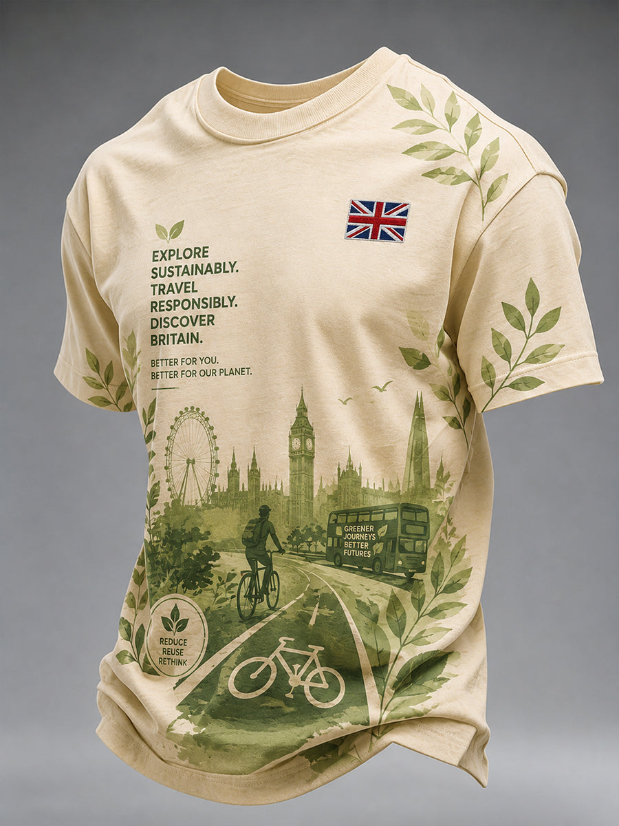 Men's Short-Sleeve T-Shirt Featuring A "Green Travel" Themed Print
