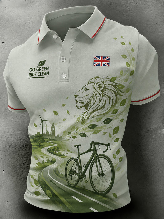 Men's Short-Sleeve Polo Shirt Featuring A "Green Travel" Themed Print