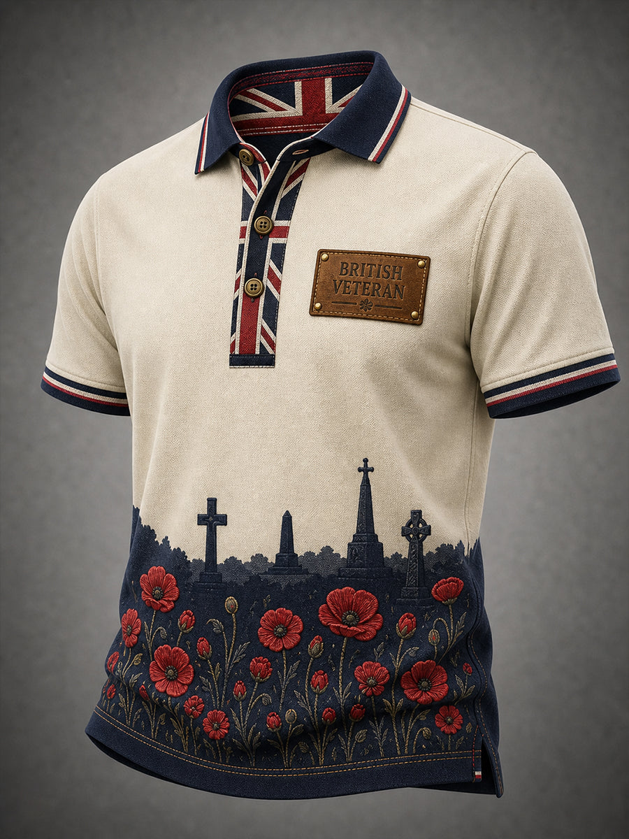 Vintage-Style Casual Polo Shirt Featuring A British Veteran Commemorative Design