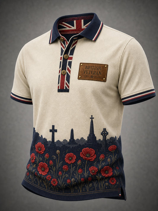 Vintage-Style Casual Polo Shirt Featuring A British Veteran Commemorative Design
