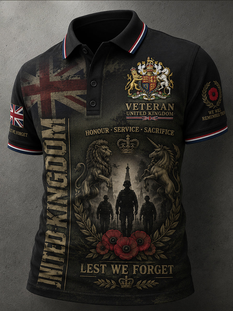 Men's Vintage-Style Short-Sleeve Polo Shirt With Military-Themed Veteran Commemorative Print