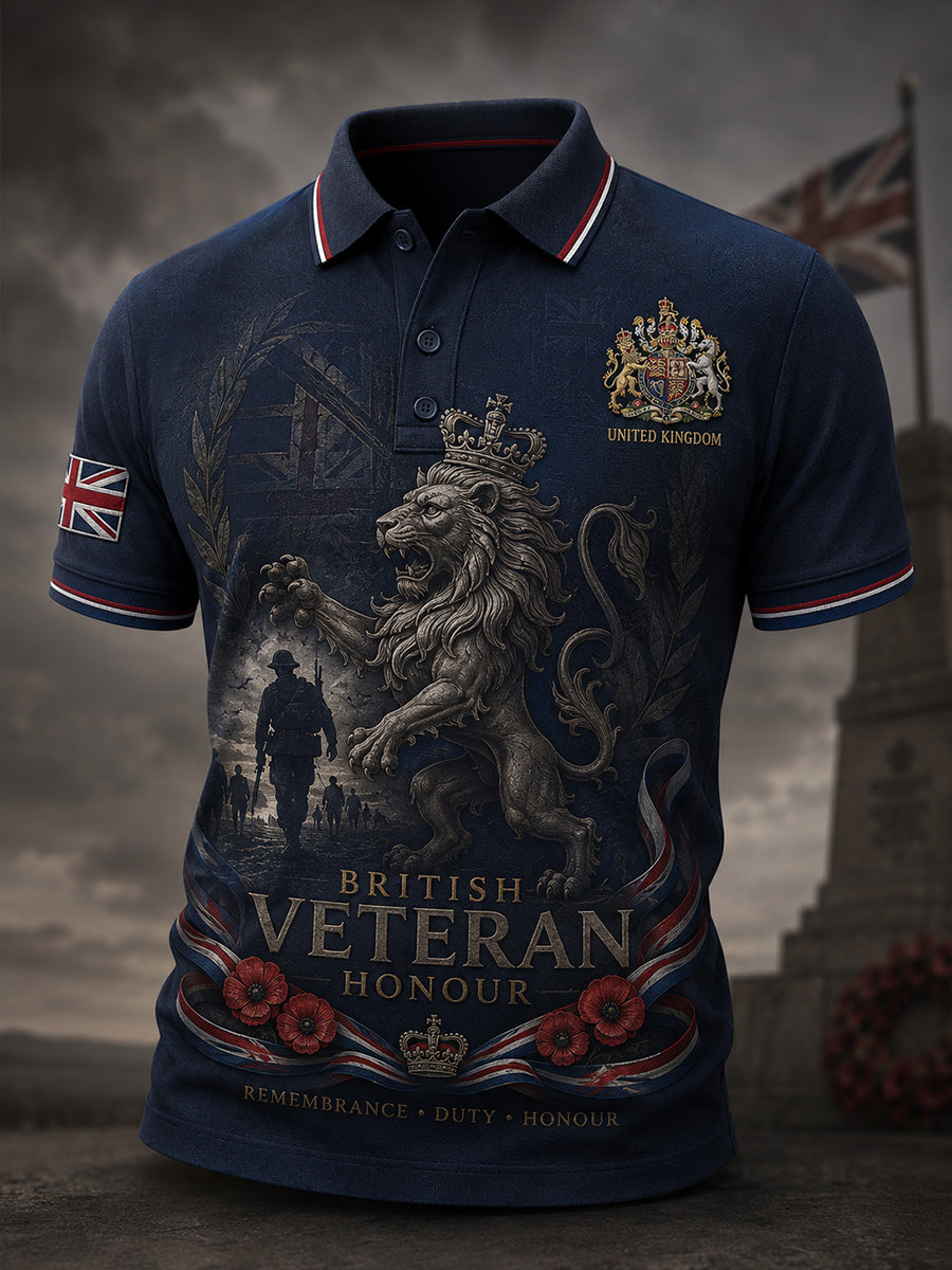 Men's Vintage-Style Short-Sleeve Polo Shirt With Military-Themed Veteran Commemorative Print