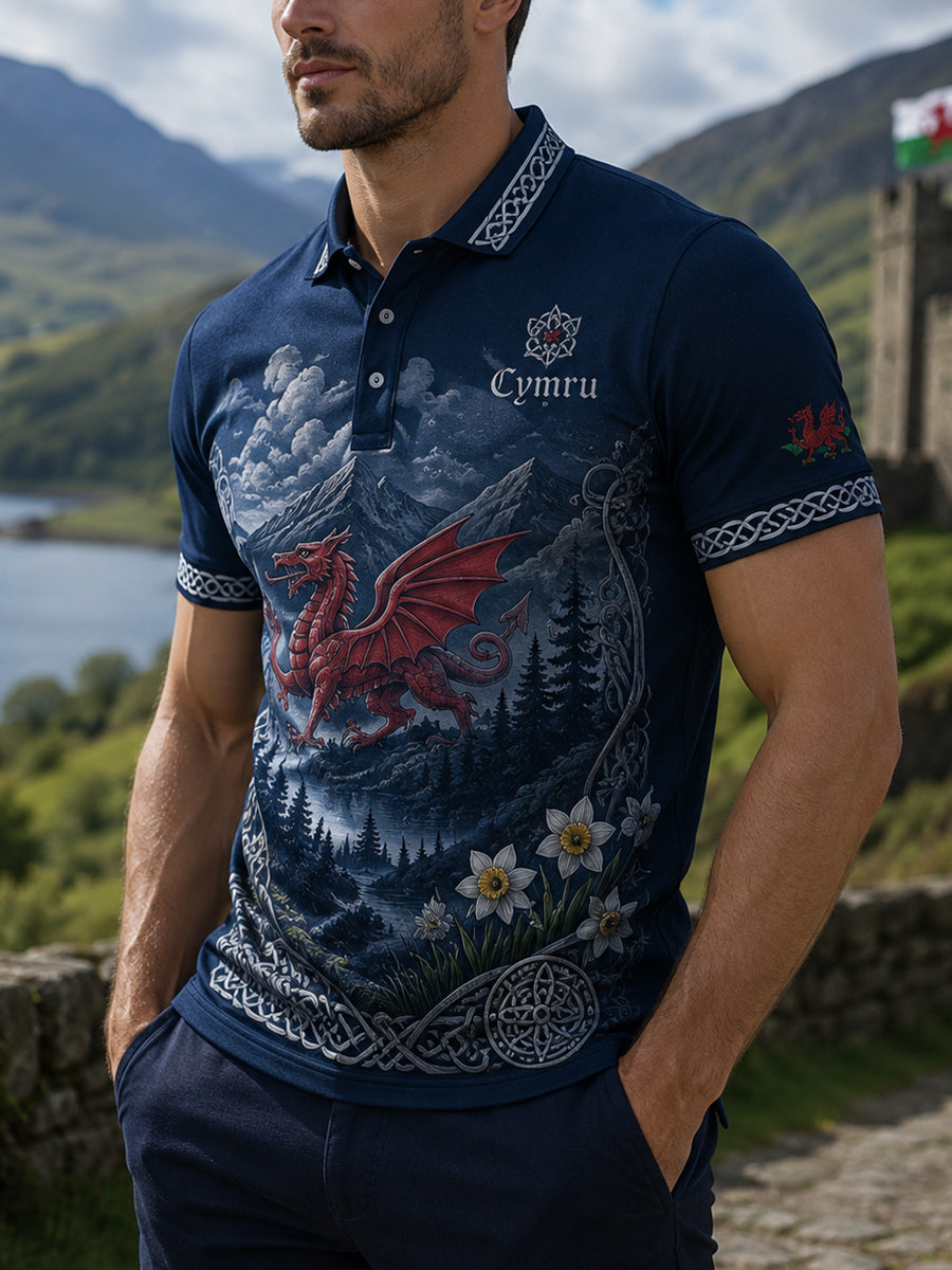 Men's Welsh Red Dragon Art Print Polo