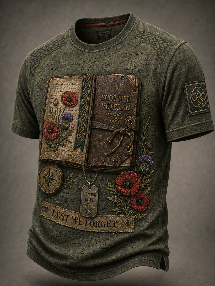 Vintage-Style Casual T-Shirt With Scottish Veteran Art Print