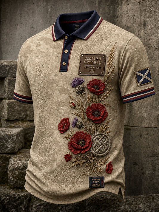 Vintage-Style Casual Polo Shirt With Scottish Veteran Art Print