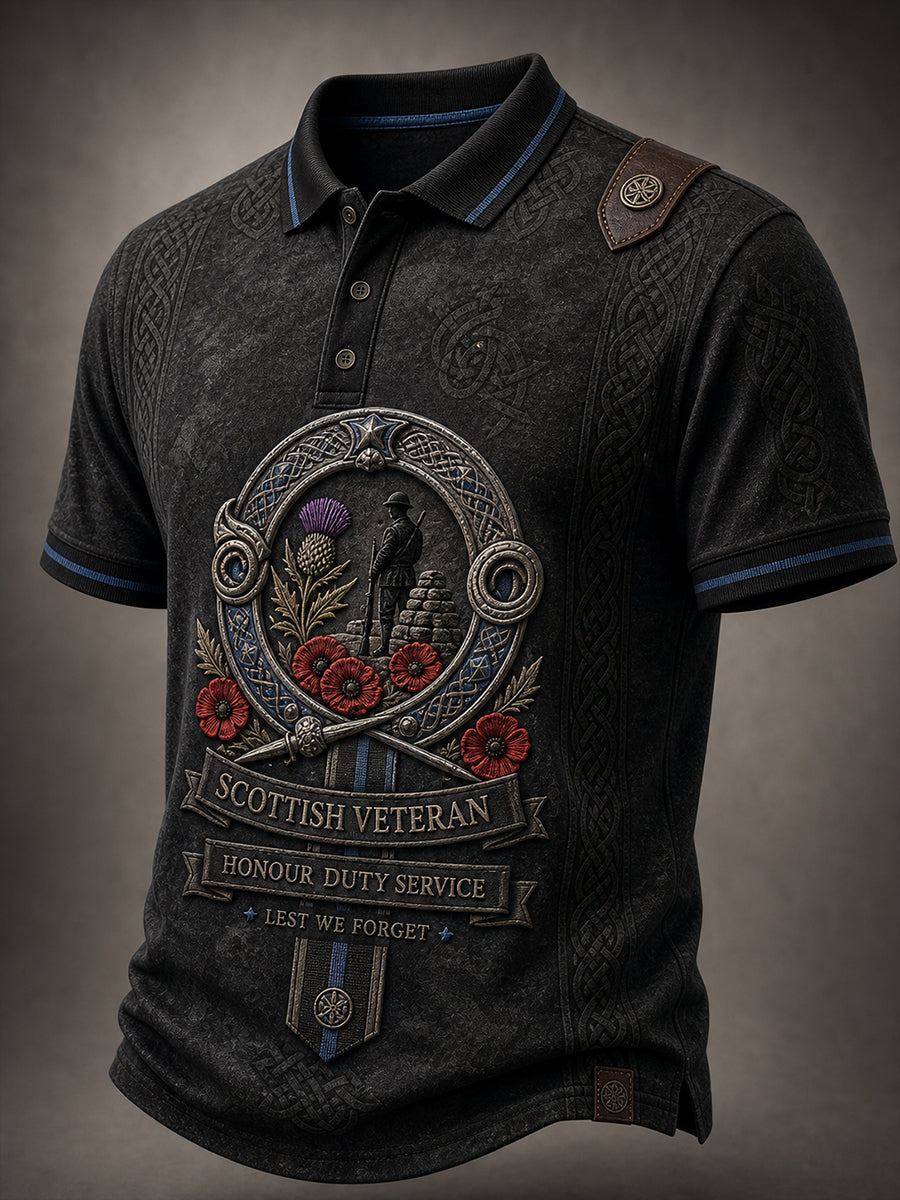 Vintage-Style Casual Polo Shirt With Scottish Veteran Art Print