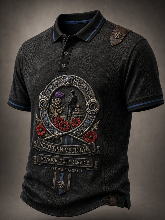 Vintage-Style Casual Polo Shirt With Scottish Veteran Art Print