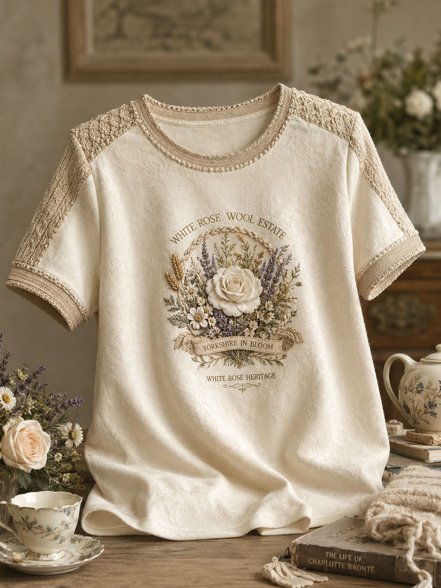 Women's England Yorkshire Day White Roses Art Printed T-shirt