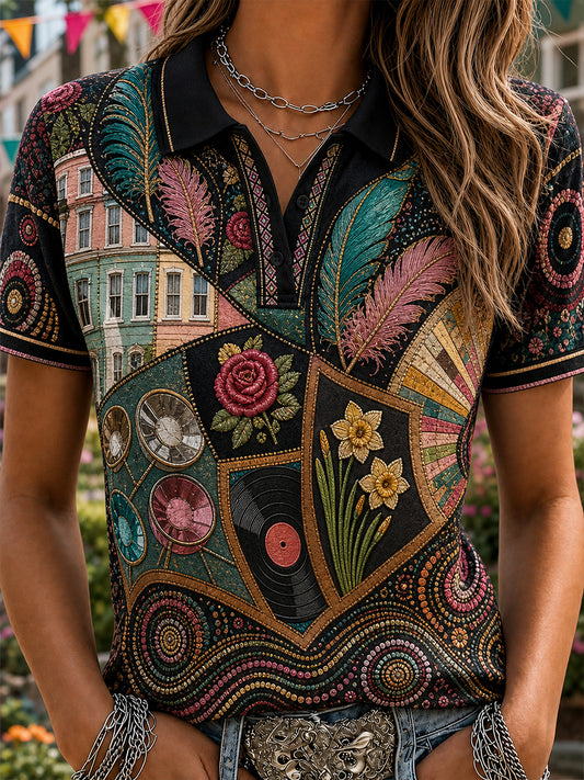 Vintage-style casual polo shirt featuring a London Notting Hill Carnival print