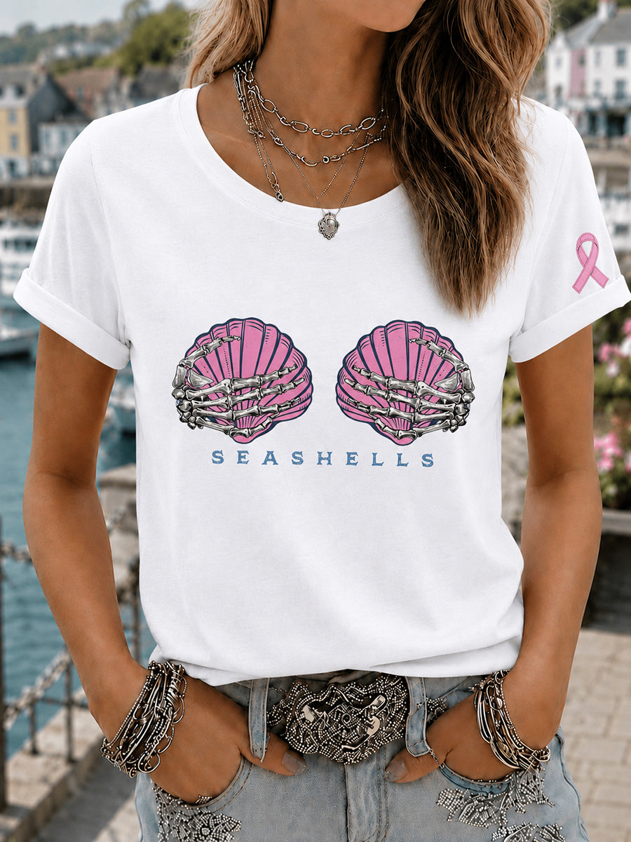 Women's Pink Wig Mermaid March Breast Cancer Awareness Print T-shirt