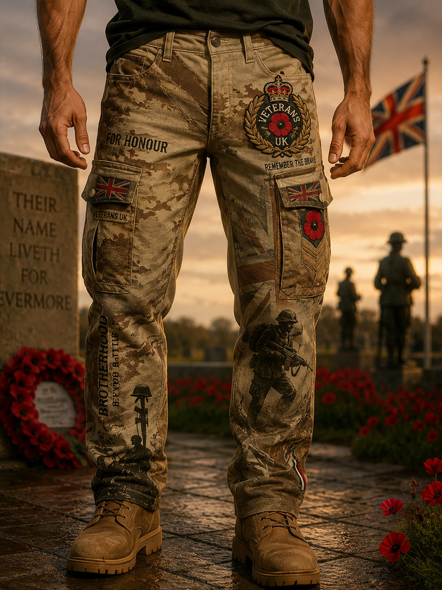 Men's Camouflage Cargo Pants With Veteran Memorial-Themed Print