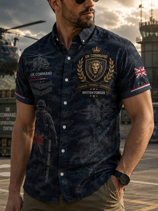 Men's Short-Sleeve Shirt With Camouflage And Military-Style Prints