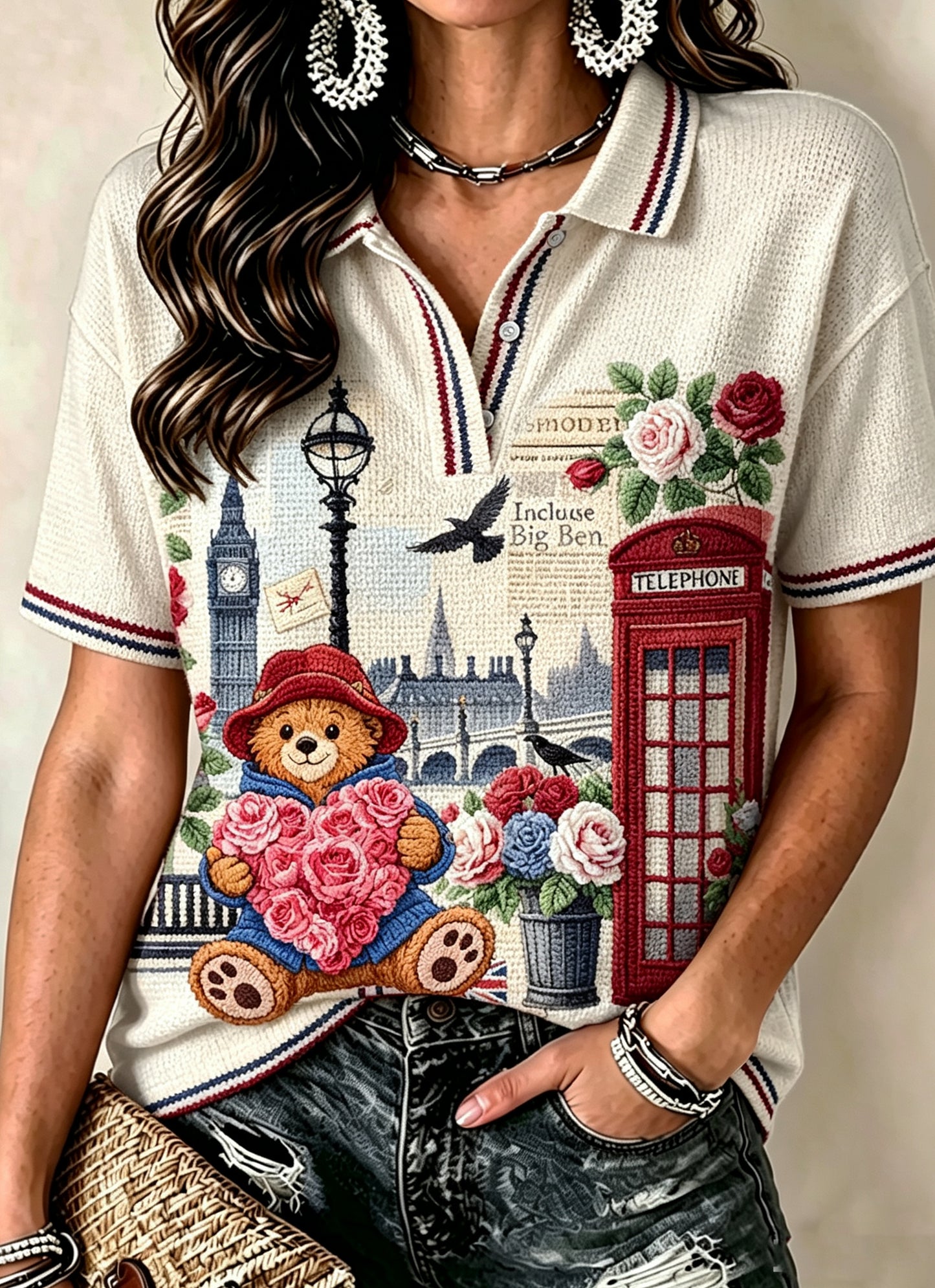 Women's V-neck Mid-Sleeve Printed Casual T-shirt