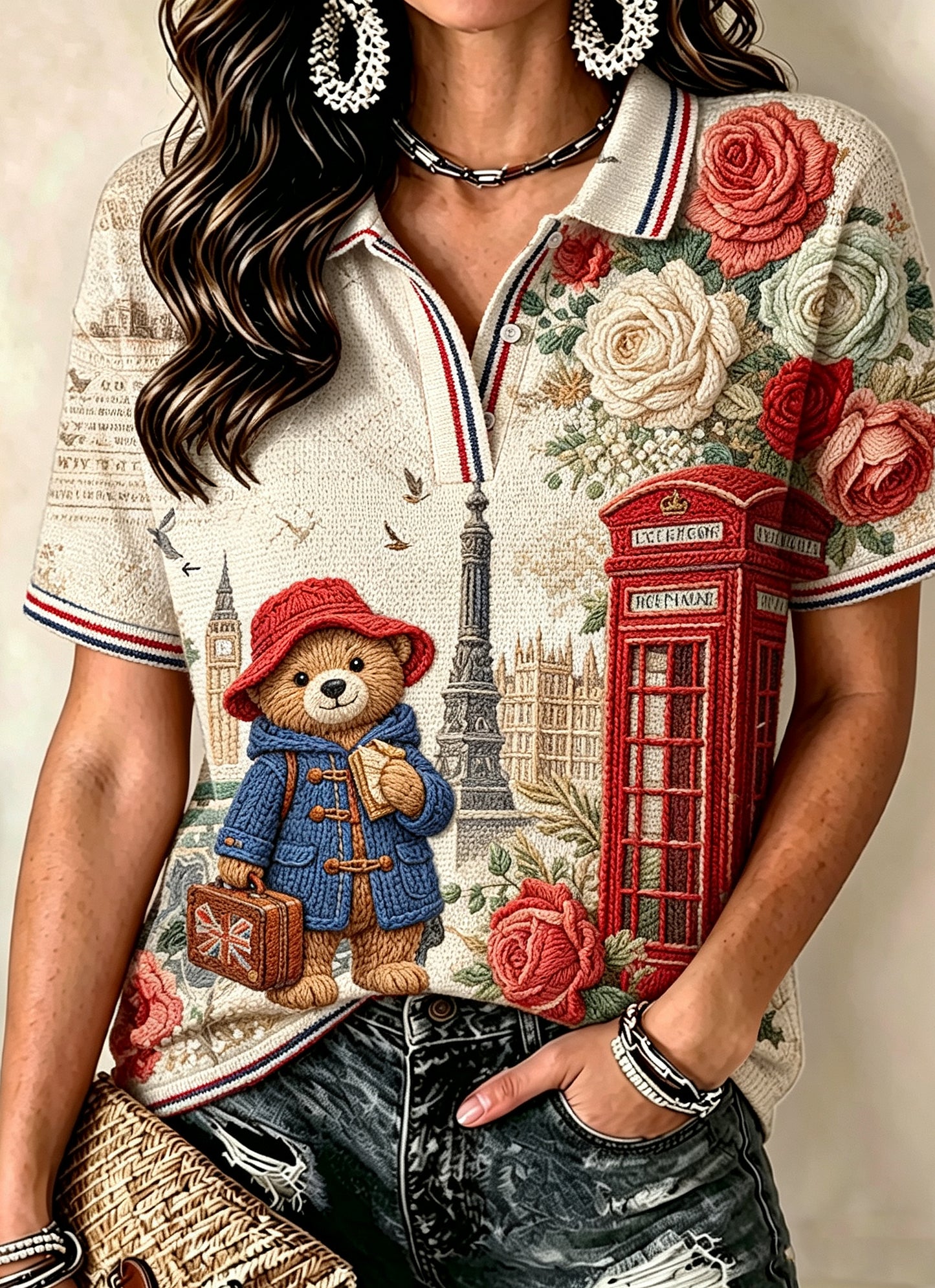 Women's V-neck Mid-Sleeve Printed Casual T-shirt