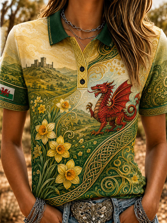 Women's Welsh Red Dragon Cultural Elements Art Print Polo