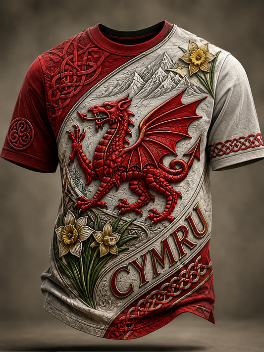 Men's Welsh Red Dragon Cultural Elements Art Print T-Shirt
