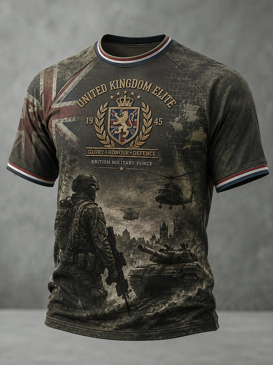 Men's Vintage Camouflage Military-Style Print Raglan Short-Sleeve T-Shirt