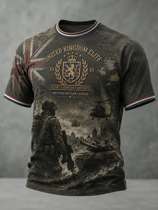 Men's Vintage Camouflage Military-Style Print Raglan Short-Sleeve T-Shirt