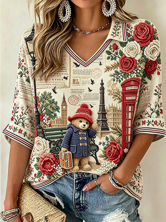 Women's V-neck Mid-Sleeve Printed Casual T-shirt