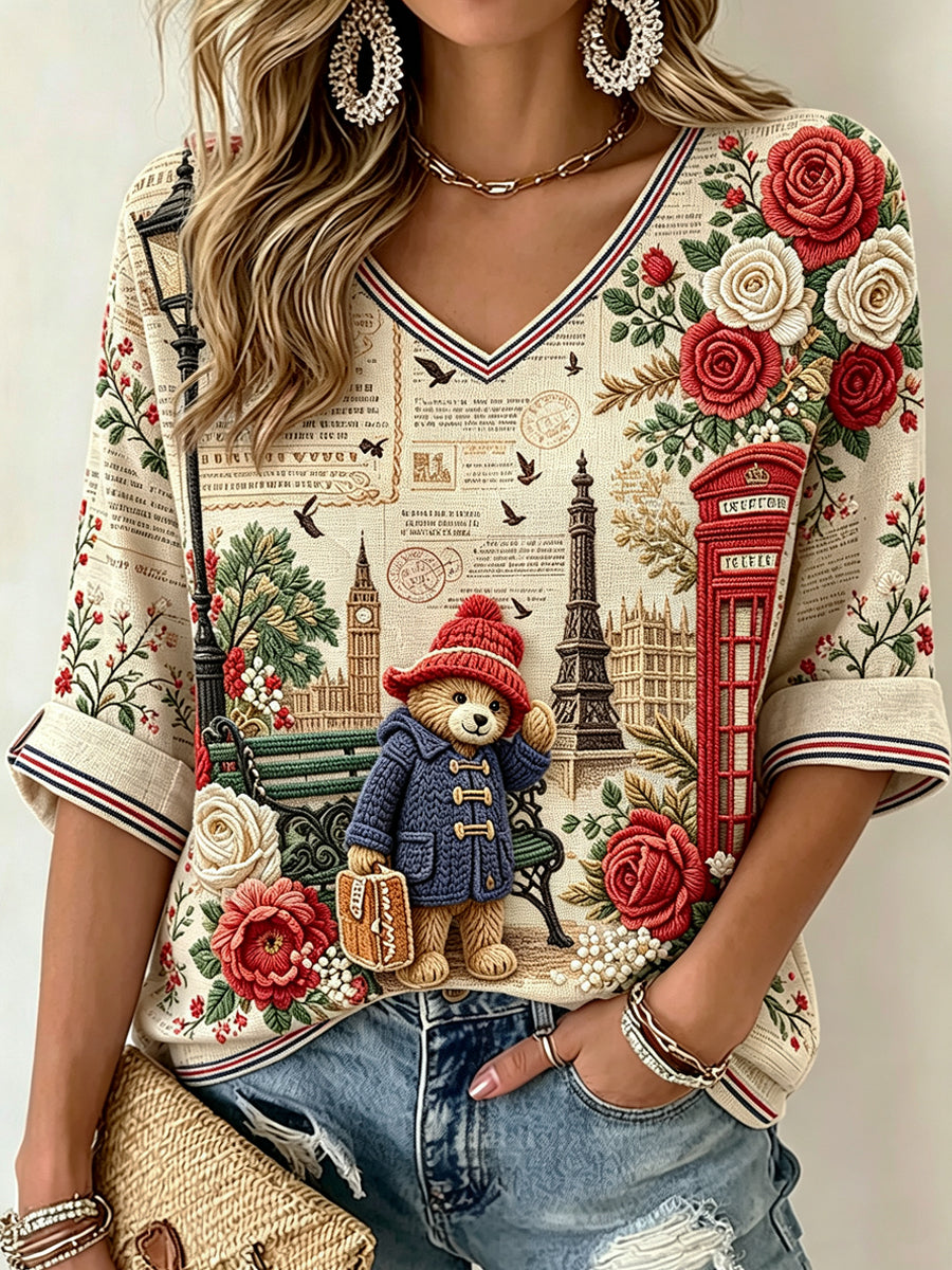 Women's V-neck Mid-Sleeve Printed Casual T-shirt