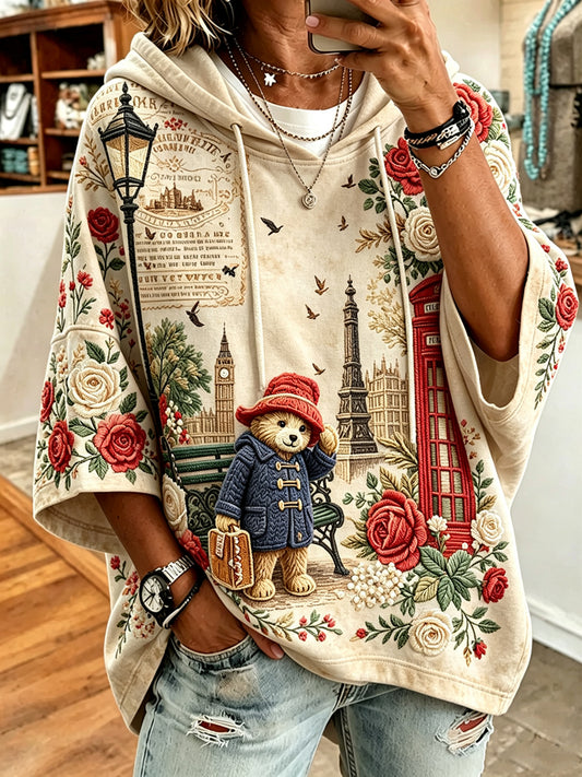 Women's Paddington Bear Printed Round-Neck Three-Quarter Sleeve Sweatshirt