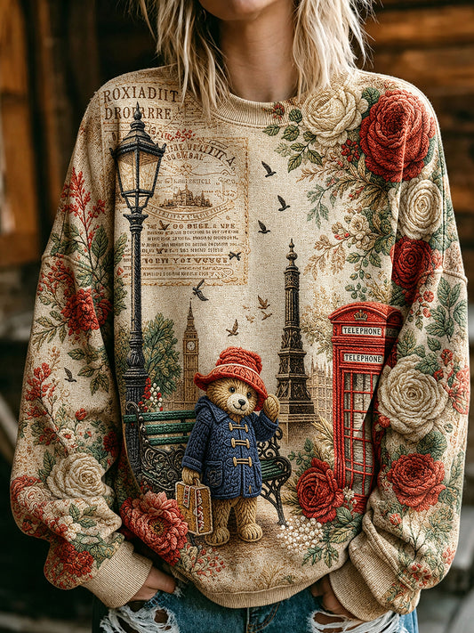 Women's Paddington Bear Printed Round-Neck Long-Sleeved Sweatshirt