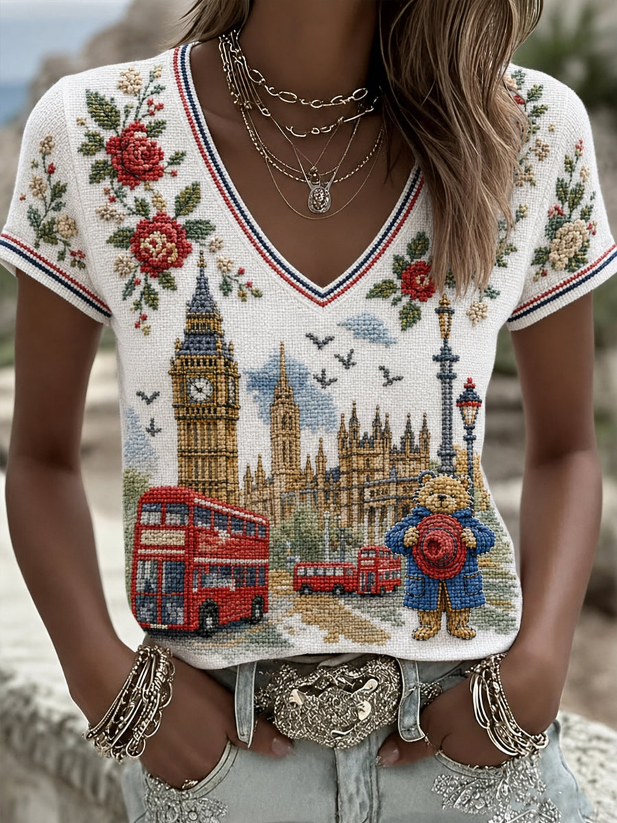 Women's Paddington Bear Printed Vintage Fashion Loose Short Sleeve T-Shirt